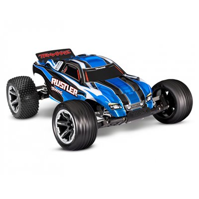 TRAXXAS 37054-8-BLUE Rustler 2WD 1 10 RTR TQ Blå USB Med Batteri Laddare